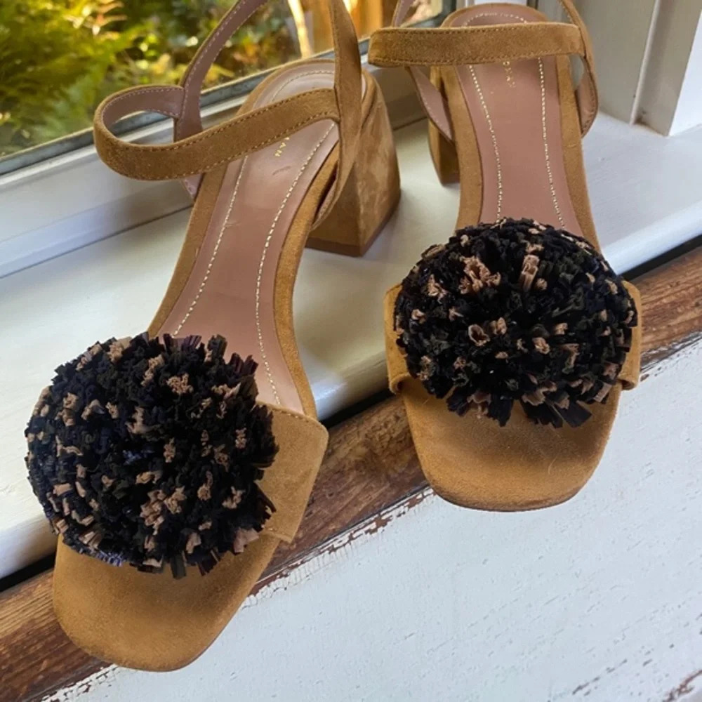 Zara Tan Suede Raffia Pom Pom Strappy Sandals 38 - Picture 9 of 13
